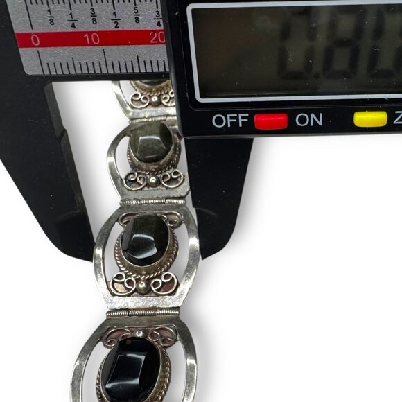 Vintage Mexico Alpaca Silver Gold Sheen Obsidian Panel Bracelet 7.25 - Picture 12 of 12